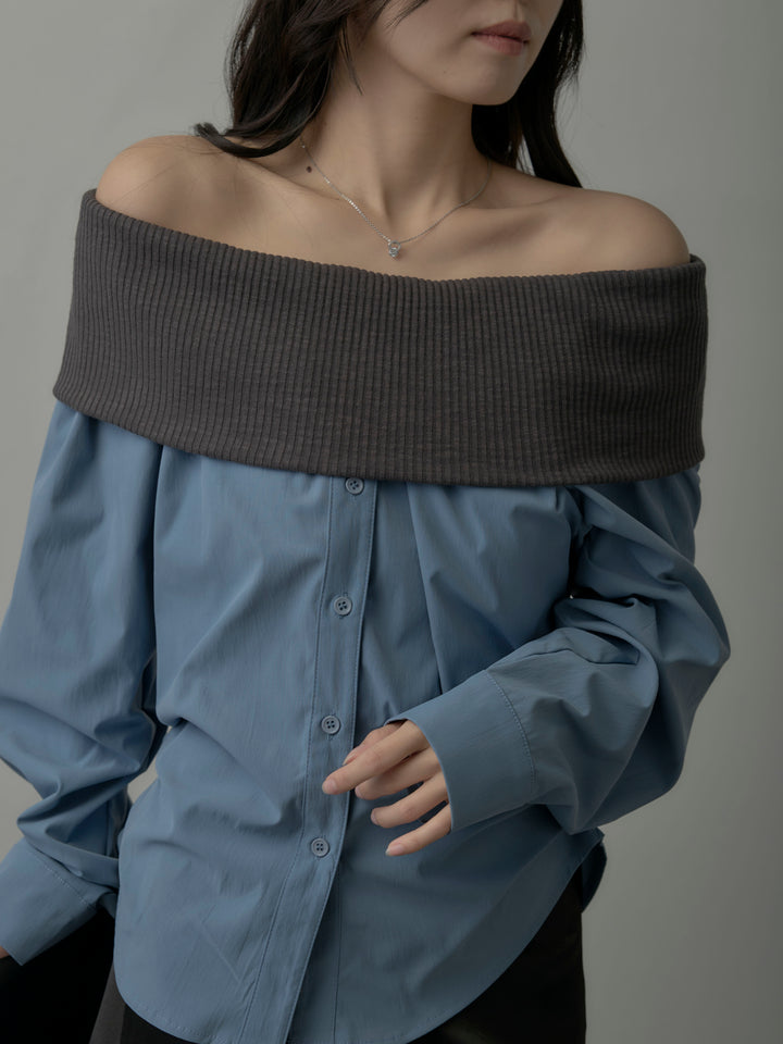 ニットシャツドッキングオフショルトップス