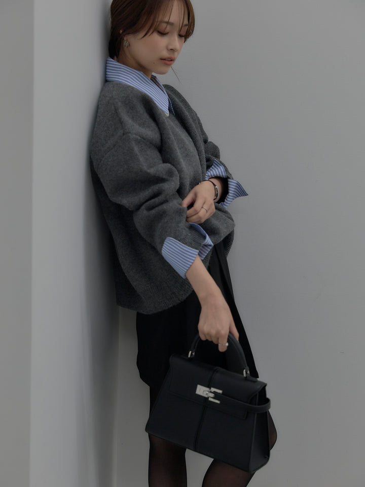 【SET】シャツドッキング肉厚ニットプルオーバー+ベルト付きプリーツミニスカート(2set)