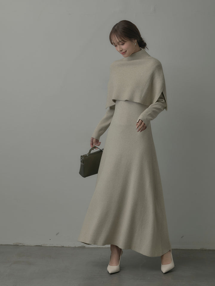 ケープ付きリブニットロングワンピース