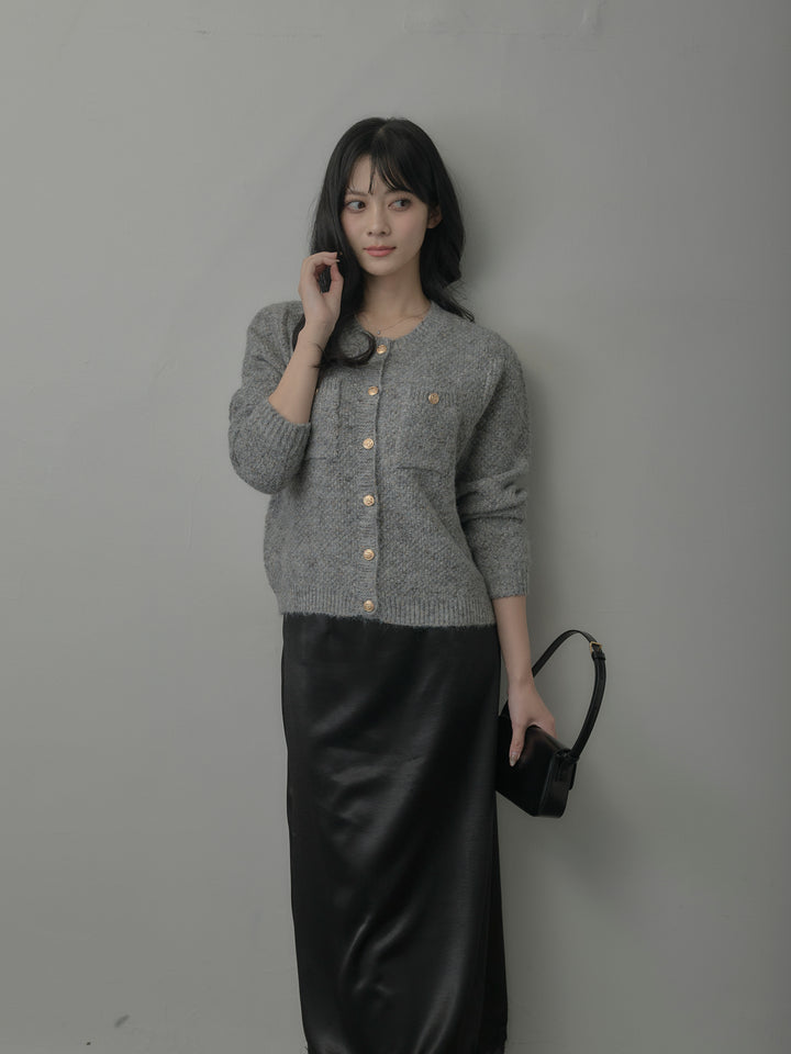 【SET】MIXニットゴールドボタンニットカーディガン+裾レースサテンスカート(2set)