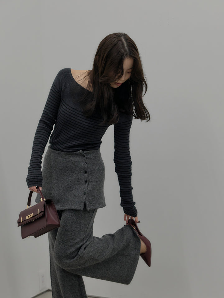 【SET】ハーフボーダーニットトップス+ミックスヤーンニットラップパンツ(2set)