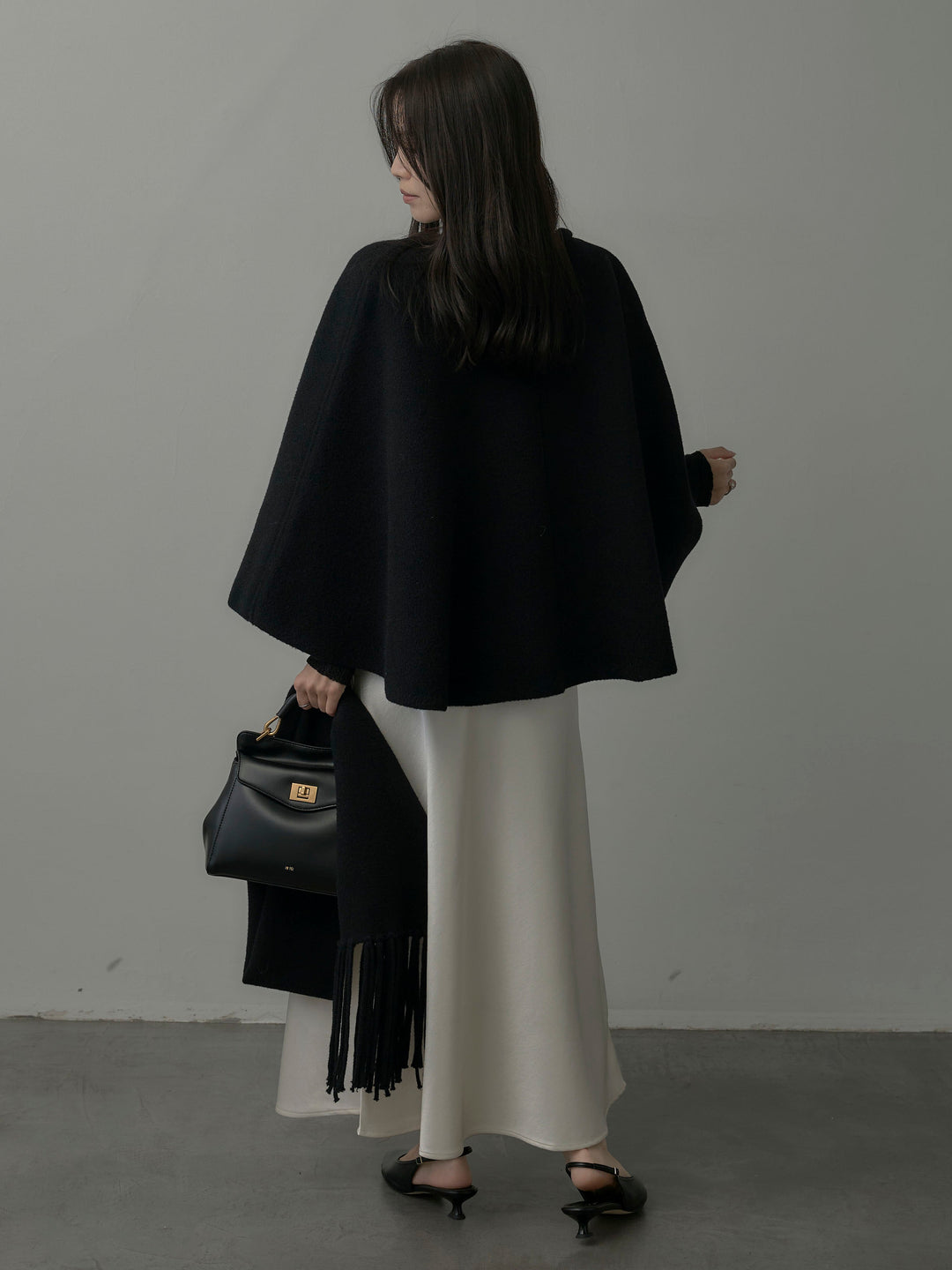 【SET】マフラー付き2WAYケープコート+【インナー付き】シアーレーストップス+ヘビーサテンAラインスカート(3set)