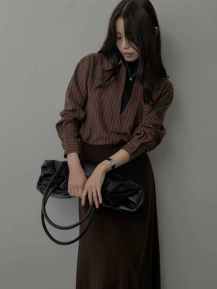 【SET】スエードタッチドッキングデザインストライプシャツ+リラクシーフレアロングスカート(2set)