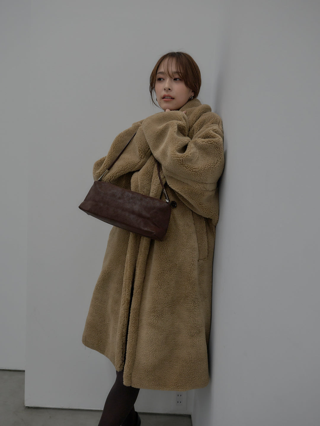 【SET】テディボアロングコート+アーガイル柄コンパクトニットカーディガン(2set)