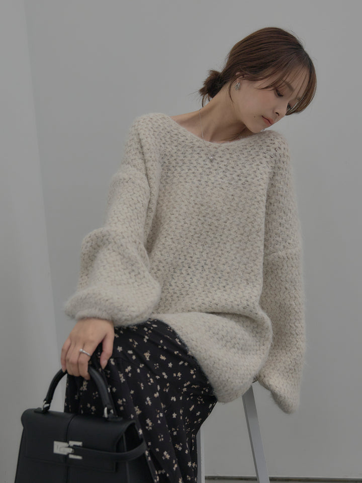 ラメ糸ローゲージ編みオーバーニットトップス