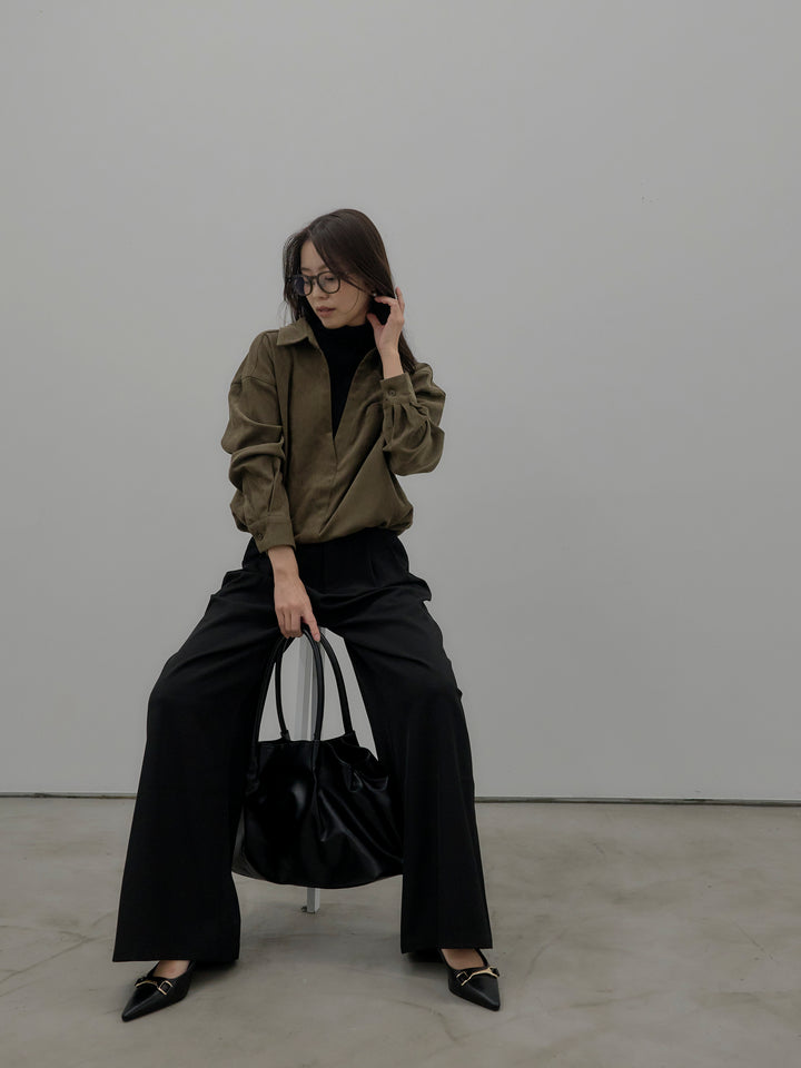 【SET】ドッキングデザイン裾ドロストスエードシャツ+デザインタックワイドパンツ(2set)