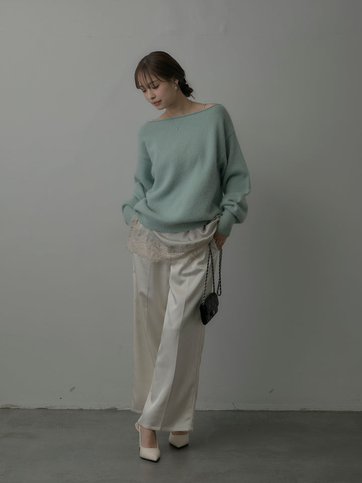 【SET】【premium touch】2wayショルダーニットプルオーバー+レースサテンキャミソール+【Essential】センタープレスサテンパンツ(3set)