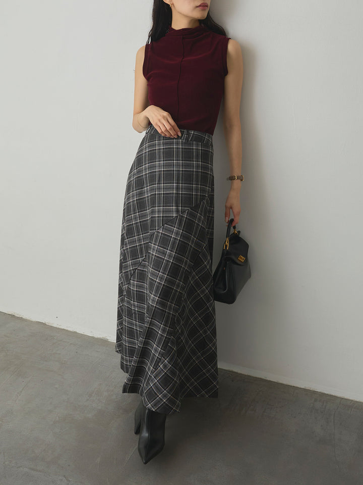 【SET】メッシュベロアノースリーブトップス+クラシカルチェックパネルスカート(2set)