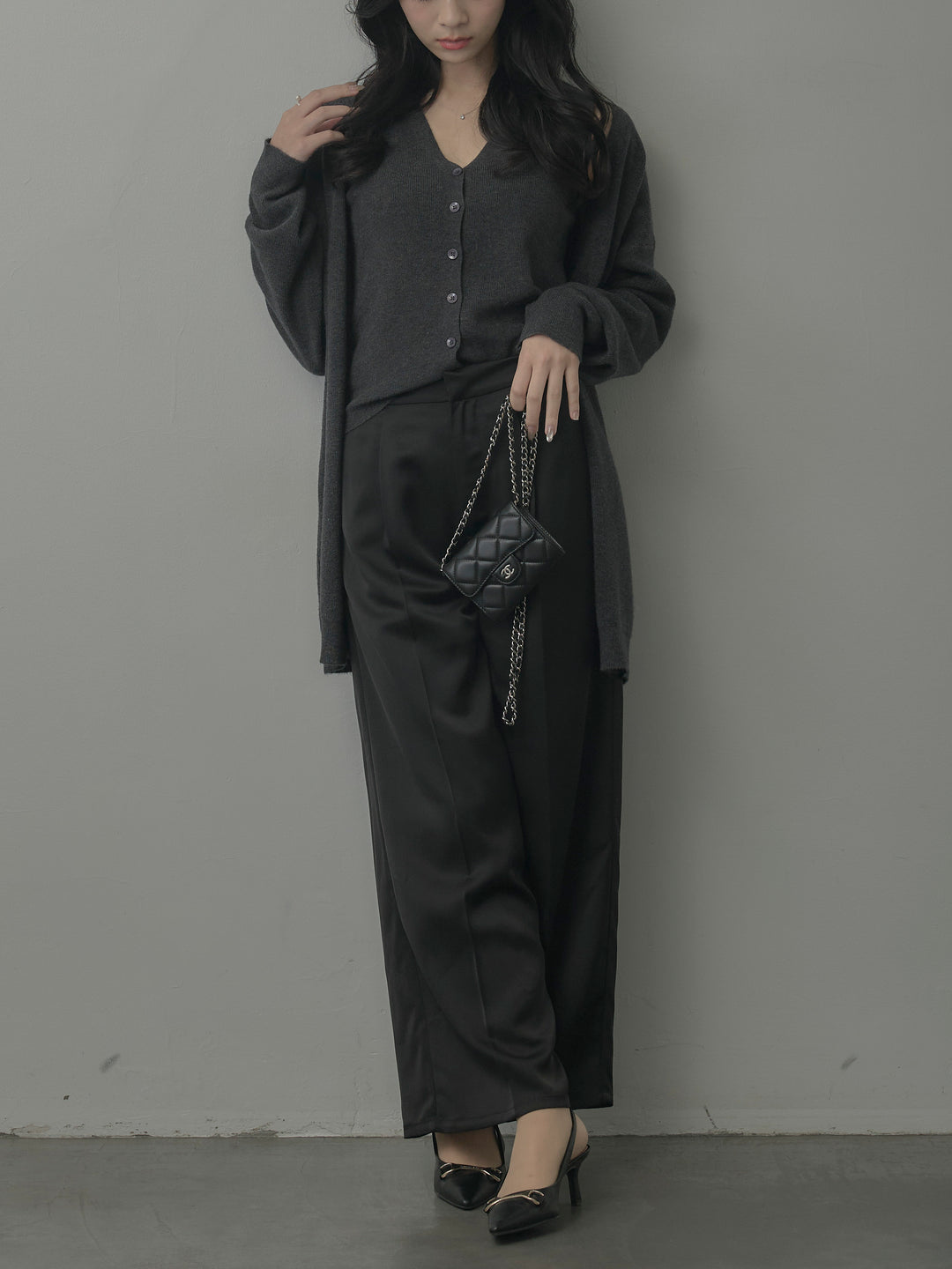 【SET】カーディガン&ニットベストアンサンブルSET+【Essential】センタープレスサテンパンツ(2set)