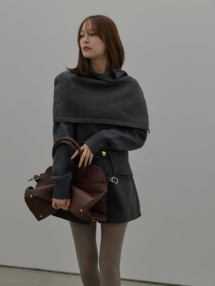 【SET】ケープ付き2WAYフロントスリットニットトップス+ウールタッチミニショートパンツ(2set)