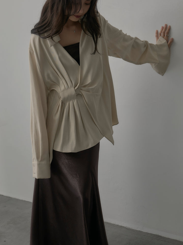 【SET】フロントラップデザインシャツ+ナローAラインサテンスカート(2set)