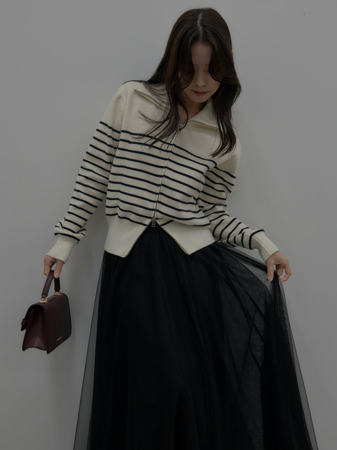 ダブルZIPハイネックボーダーニットトップス