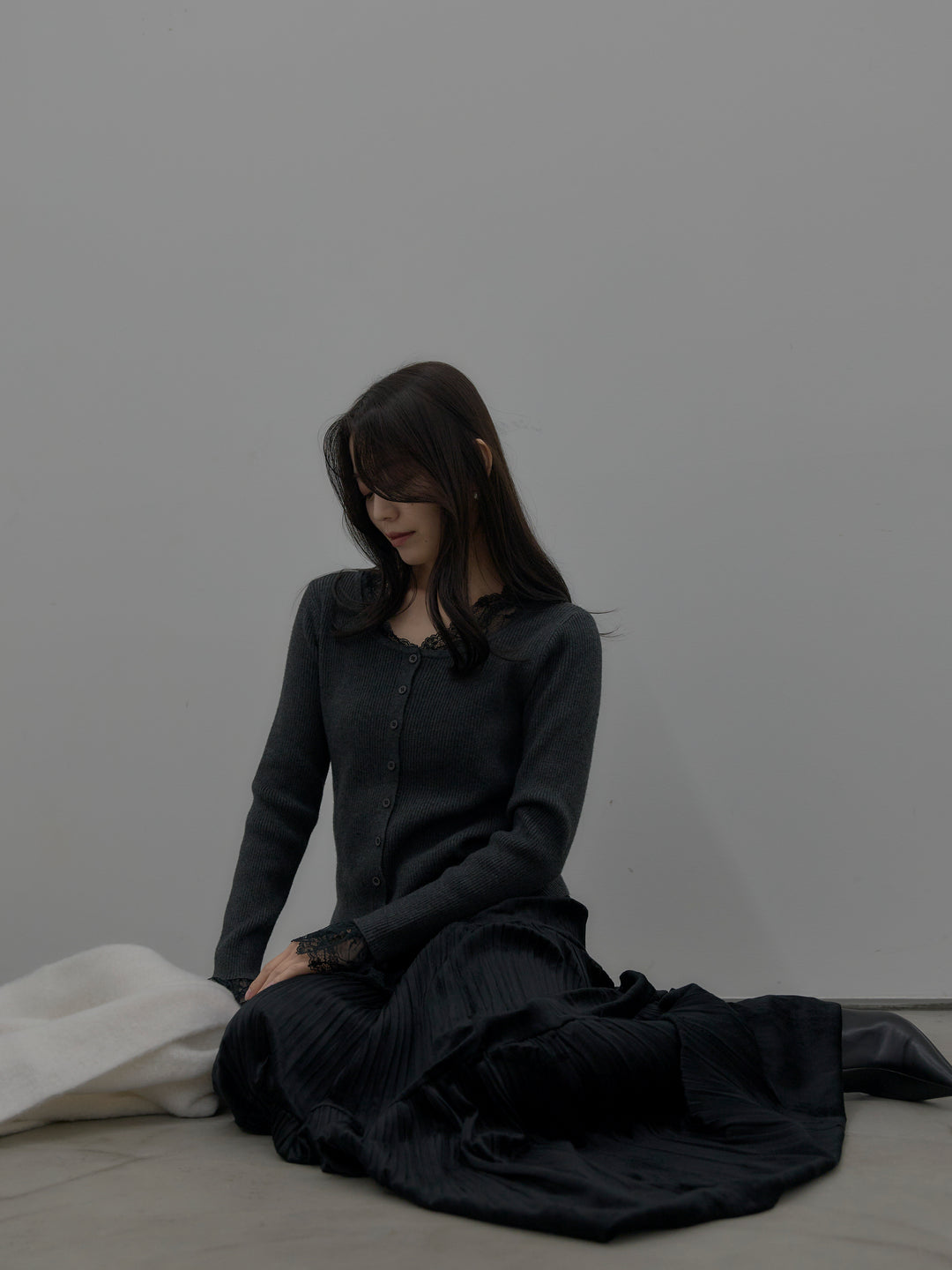 【SET】レースドッキングリブニットトップス+ベロアプリーツティアードスカート(2set)