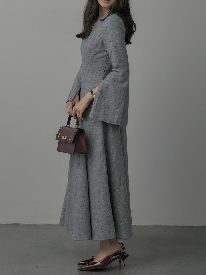 【Essential】2wayスリーブヘリンボーンフレアワンピース