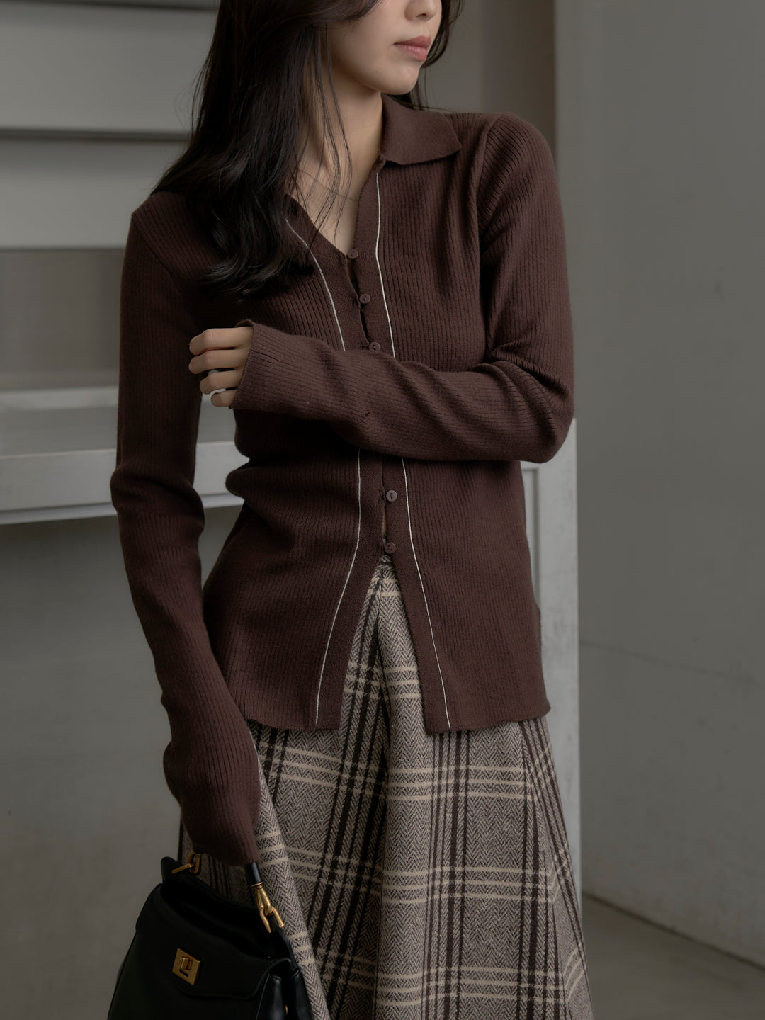 リブ配色ラインポロニットカーディガン