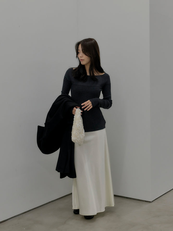 【SET】ハーフボーダーニットトップス+ナローAラインサテンスカート(2set)