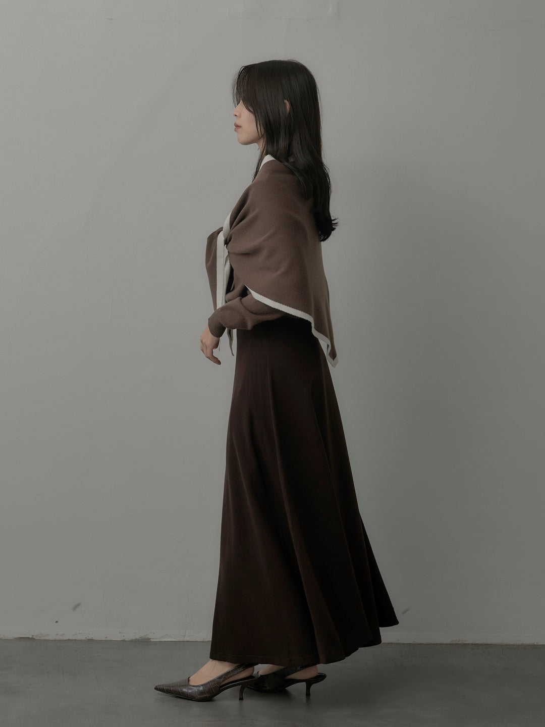 【SET】配色スカーフ付きニットトップス+リラクシーフレアロングスカート(2set)