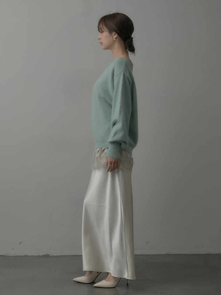 【SET】【premium touch】2wayショルダーニットプルオーバー+レースサテンキャミソール+ナローAラインサテンスカート(3set)