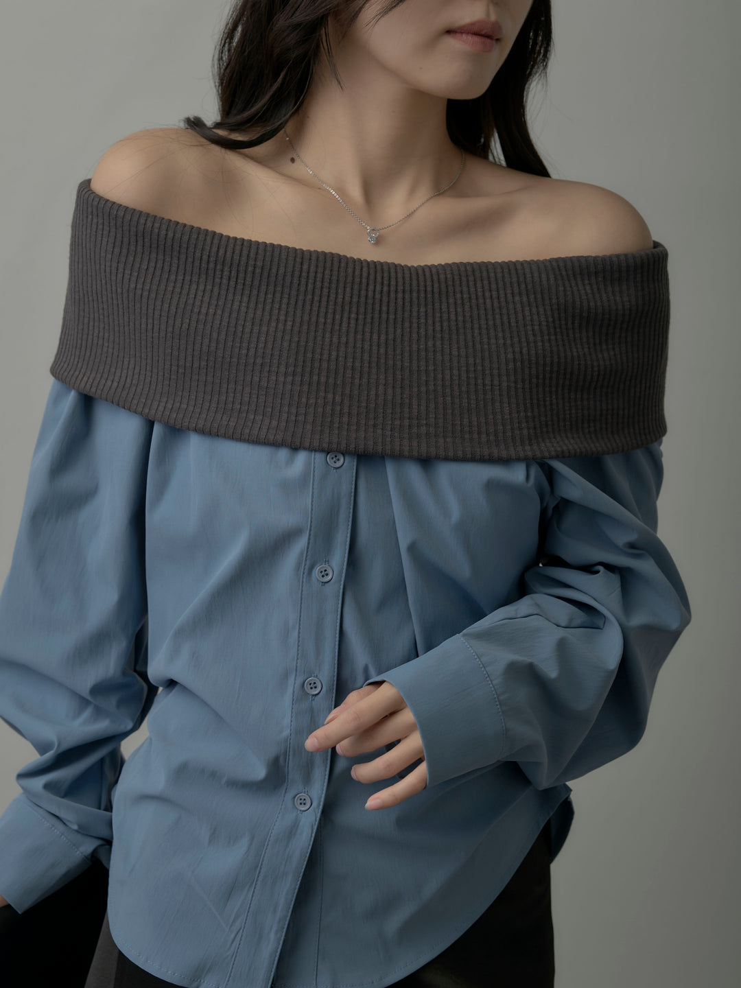 【SET】ニットシャツドッキングオフショルトップス+ヘビーサテンAラインスカート(2set)