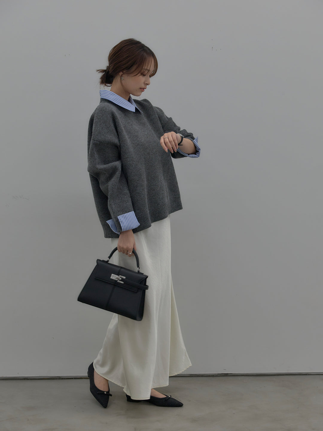 【SET】シャツドッキング肉厚ニットプルオーバー+ナローAラインサテンスカート(2set)