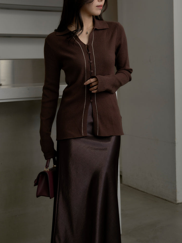 リブ配色ラインポロニットカーディガン