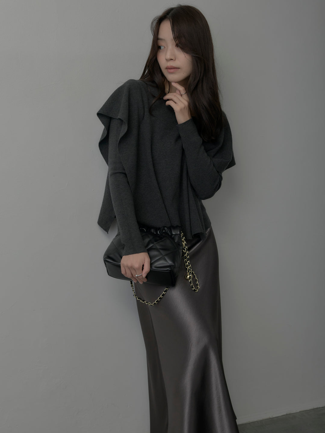 【SET】2wayリブニットポンチョトップス+ヘビーサテンAラインスカート(2set)