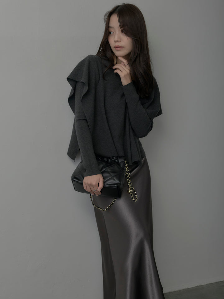 【SET】2wayリブニットポンチョトップス+ヘビーサテンAラインスカート(2set)