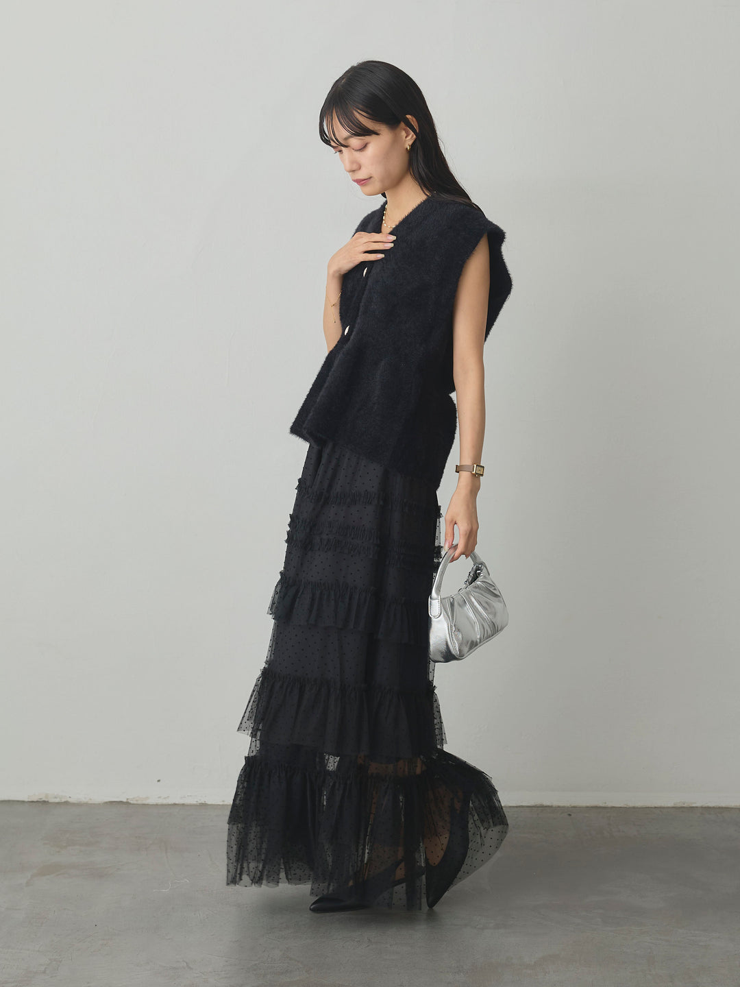 【SET】シャギーニットペプラムベスト+ドットチュールティアードスカート(2set)