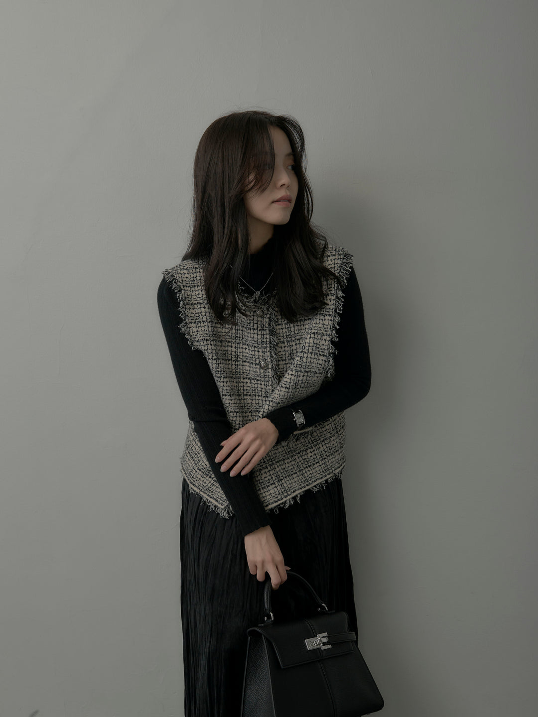 【SET】ツイードフリンジベスト+リブニットタートルネック+ベロアワッシャープリーツスカート(3set)