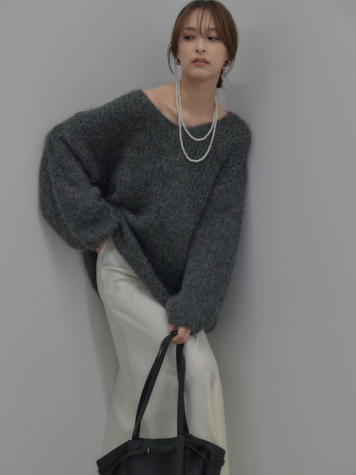 ラメ糸ローゲージ編みオーバーニットトップス