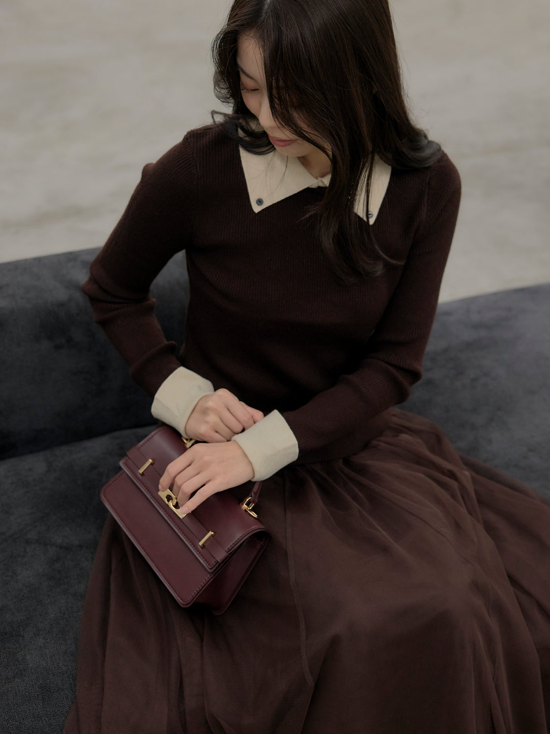 【SET】配色カフスニットポロ+ボリュームチュールスカート(2set)