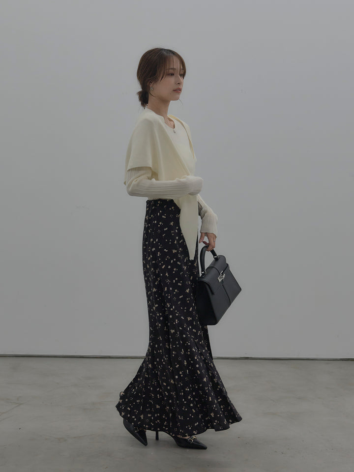 【SET】ニットスカーフ付きリブニットトップス+フラワーパターンマーメイドフレアスカート(2set)