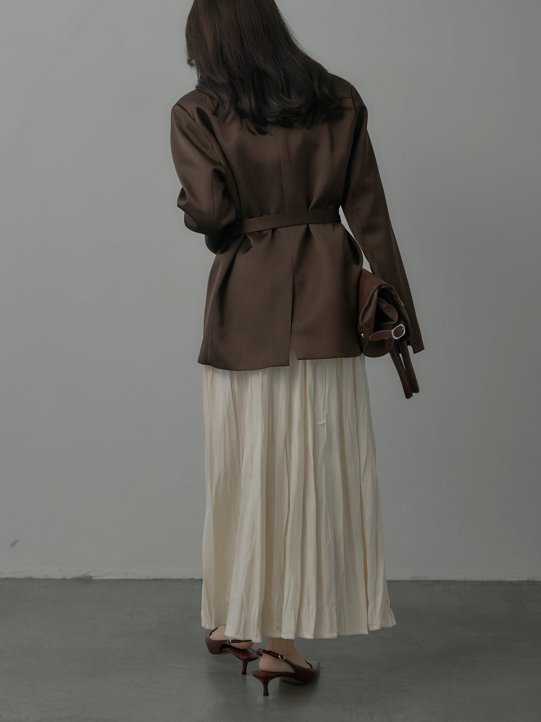 【SET】ノーカラーサテンジャケット+ベロアワッシャープリーツスカート(2set)