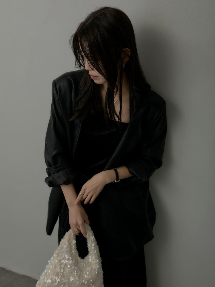 【SET】レザーノーカラージャケット+ベロアワッシャープリーツスカート(2set)