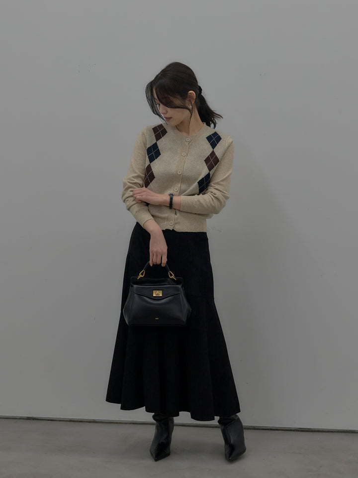 【SET】アーガイル柄ニットカーディガン+スウェードフレアスカート(2set)