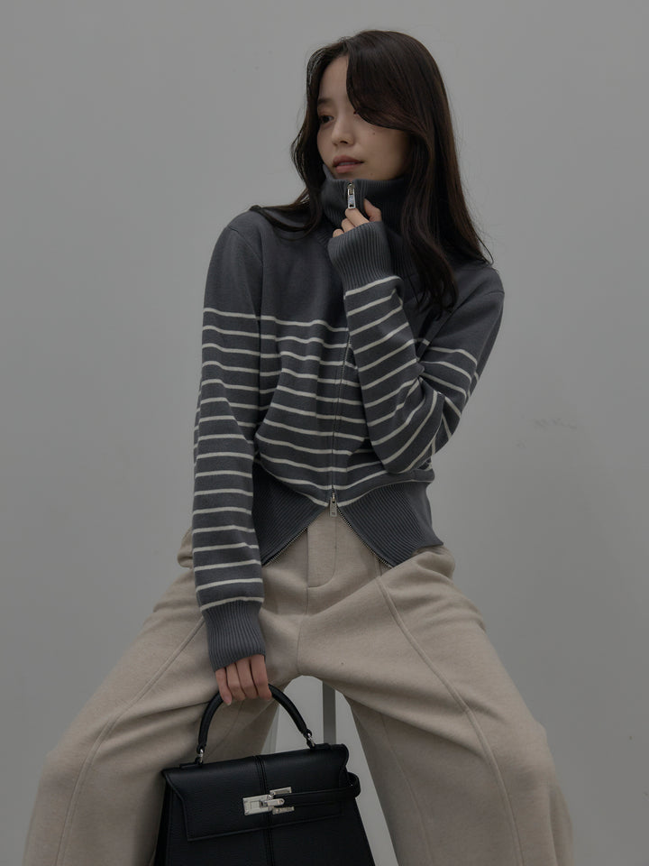 ダブルZIPハイネックボーダーニットトップス