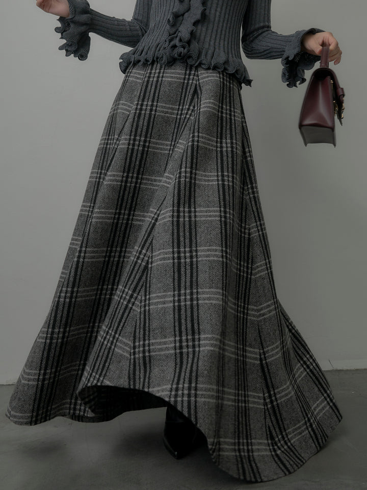 【SET】Vネックフリルデザインニットトップス+【Essential】クラシカルチェックウールタッチスカート(2set)