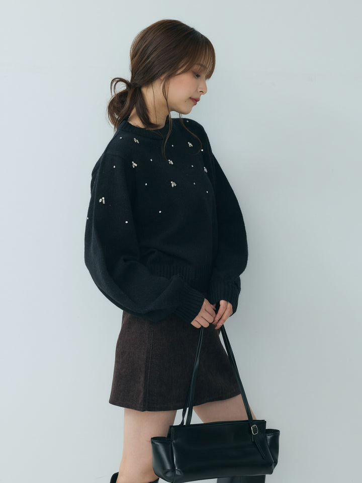 【SET】ビジューニットトップス+ベロアミニスカート(2set)