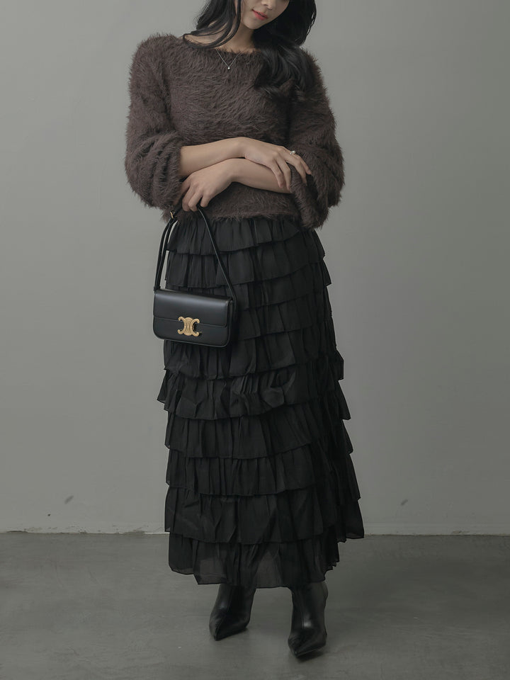 襟デザインシャギーニットトップス