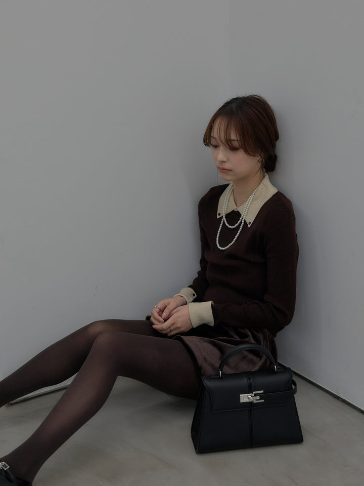 【SET】配色カフスニットポロ+ベロアバルーンミニスカート(インパン付き)(2set)