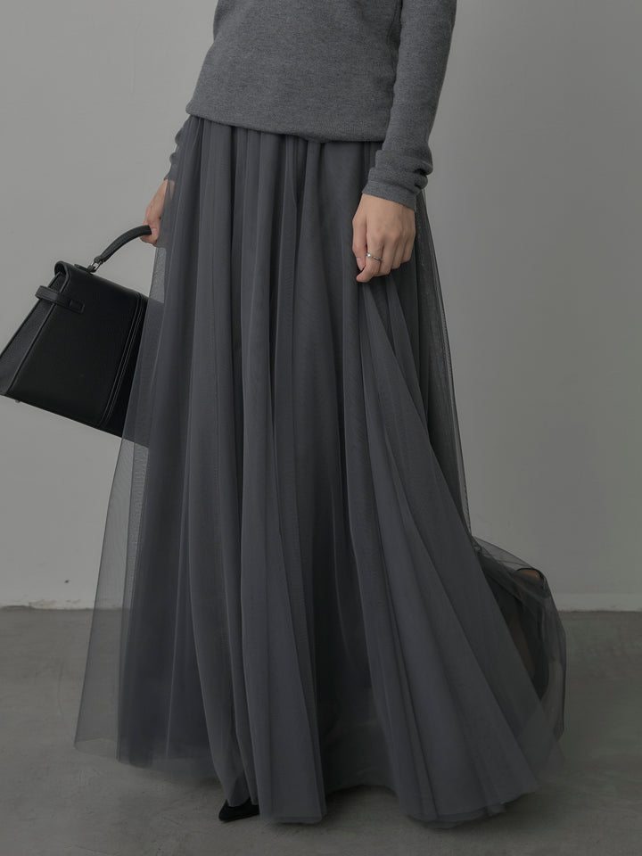 【SET】ポケットデザインリブニットトップス+ボリュームチュールスカート(2set)