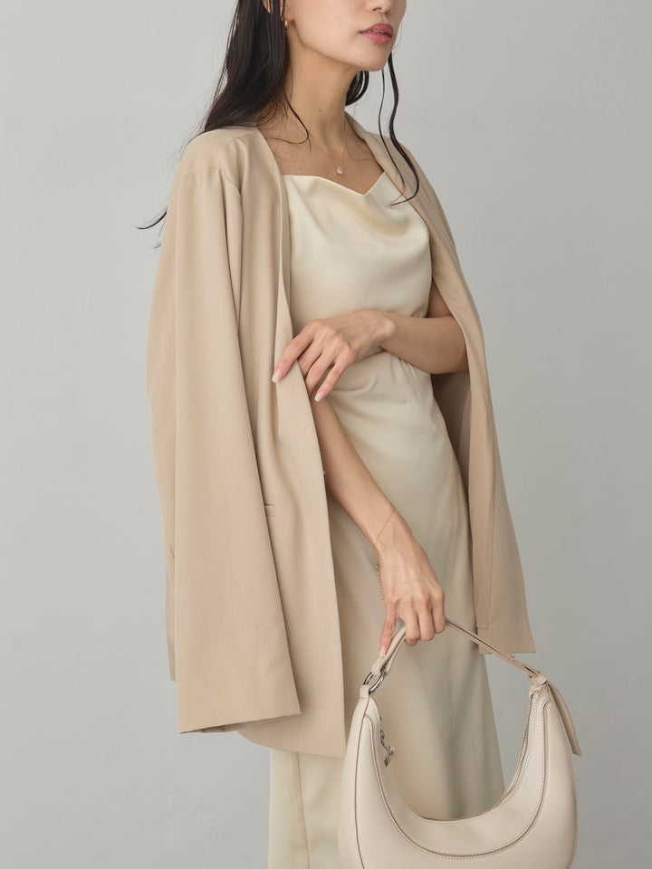 【SET】【Essential】フロントホックノーカラージャケット+【Essential】サテンドレープキャミワンピ(2set)