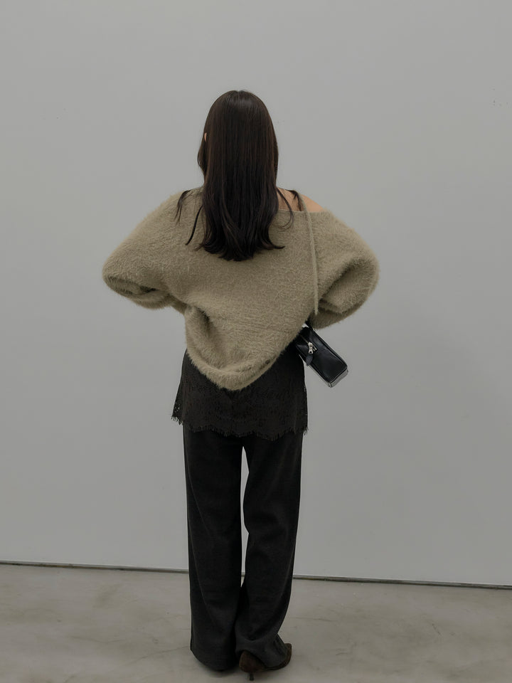 【SET】ネックリボンワンショルダーシャギーニット+レースレイヤードセミフレアパンツ(2set)