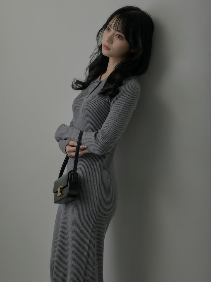 ポロ襟リブニットワンピース