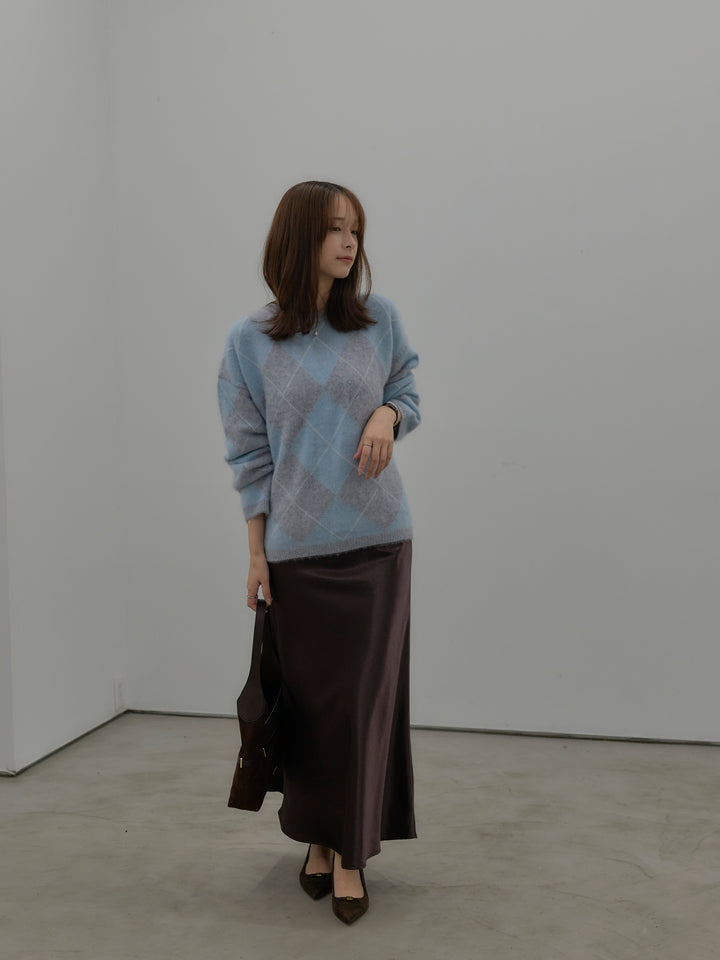 【SET】【premium touch】アーガイル柄ニットプルオーバー+ナローAラインサテンスカート(2set)