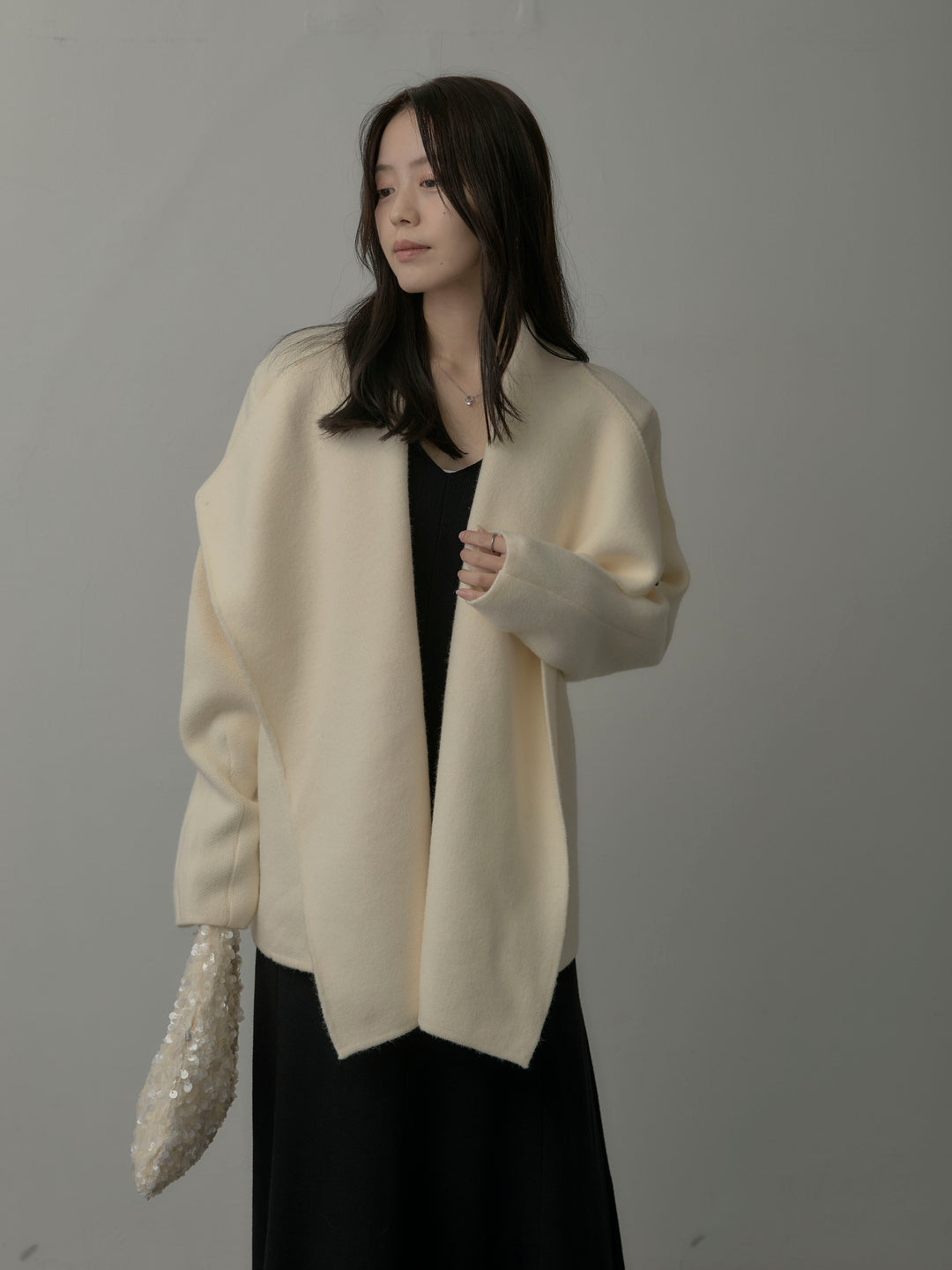 【SET】ショールカラーニットカーディガン+Vネックニットロングワンピース(2set)