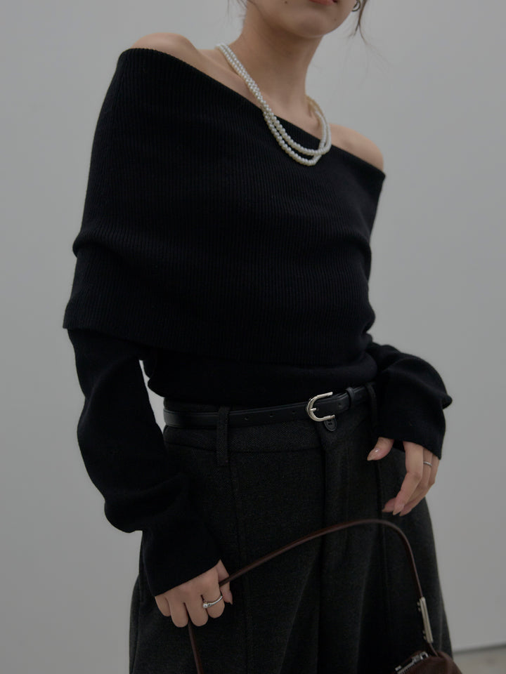 【SET】【premium touch】ソフトリブオフショルニットトップス+カーブデザインスウェットライクパンツ(2set)