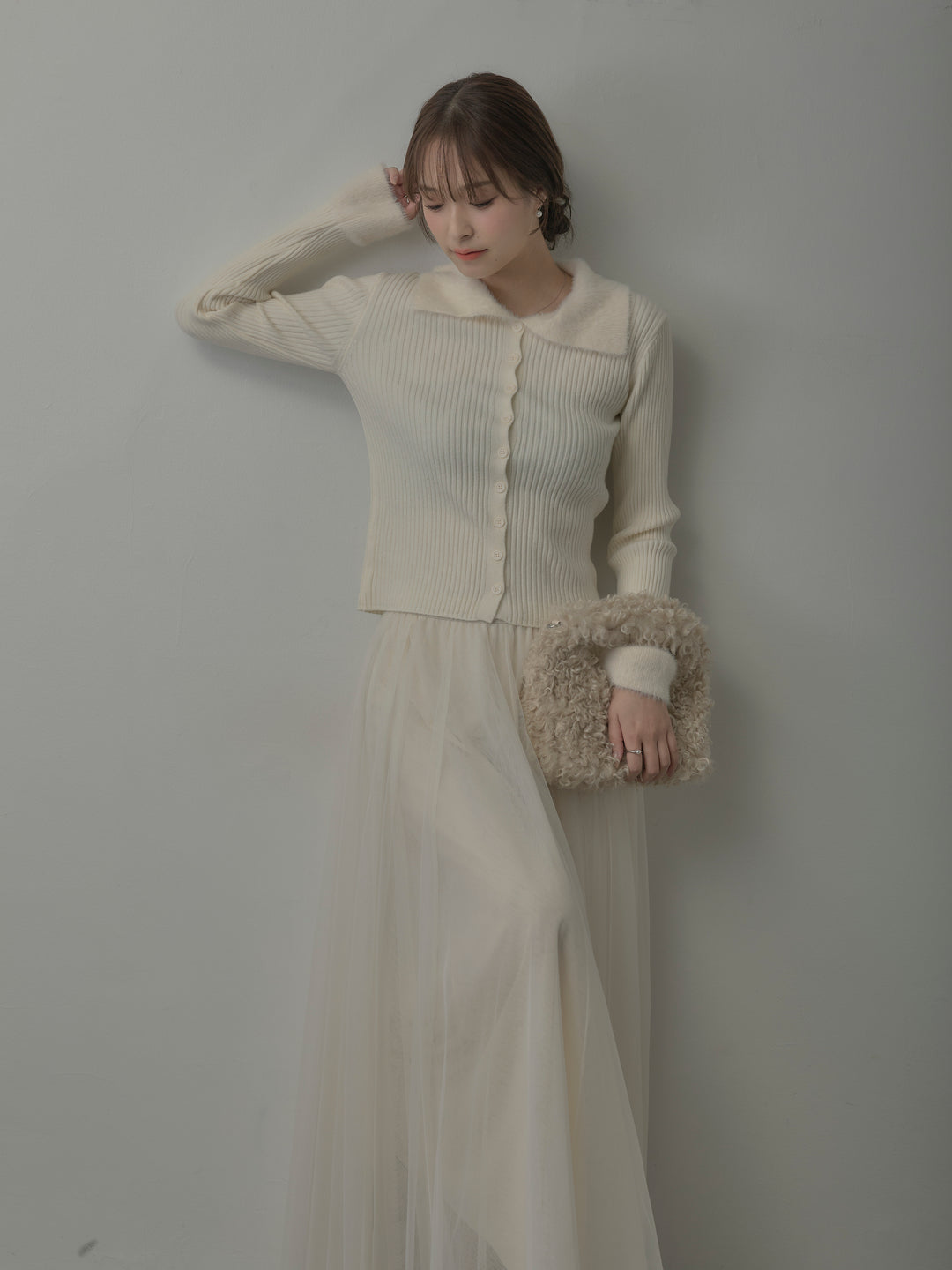 シャギー襟リブニットポロトップス