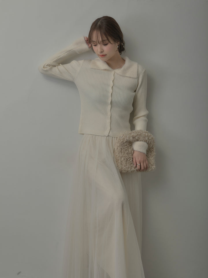 シャギー襟リブニットポロトップス