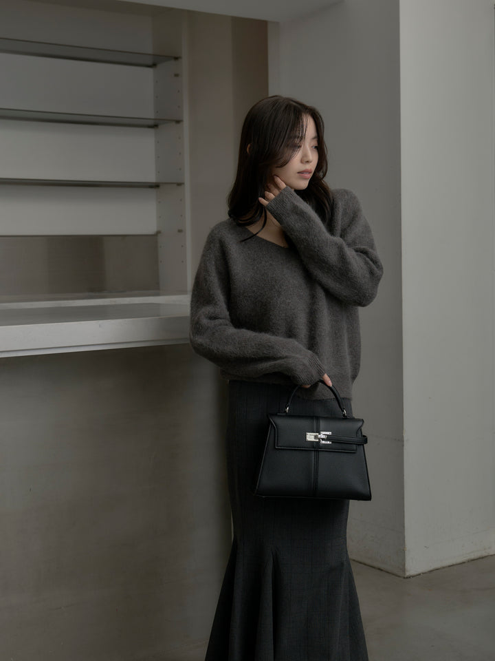 【SET】モヘアタッチVネックニットプルオーバー+【Essential】チェック柄マーメイドスカート(2set)